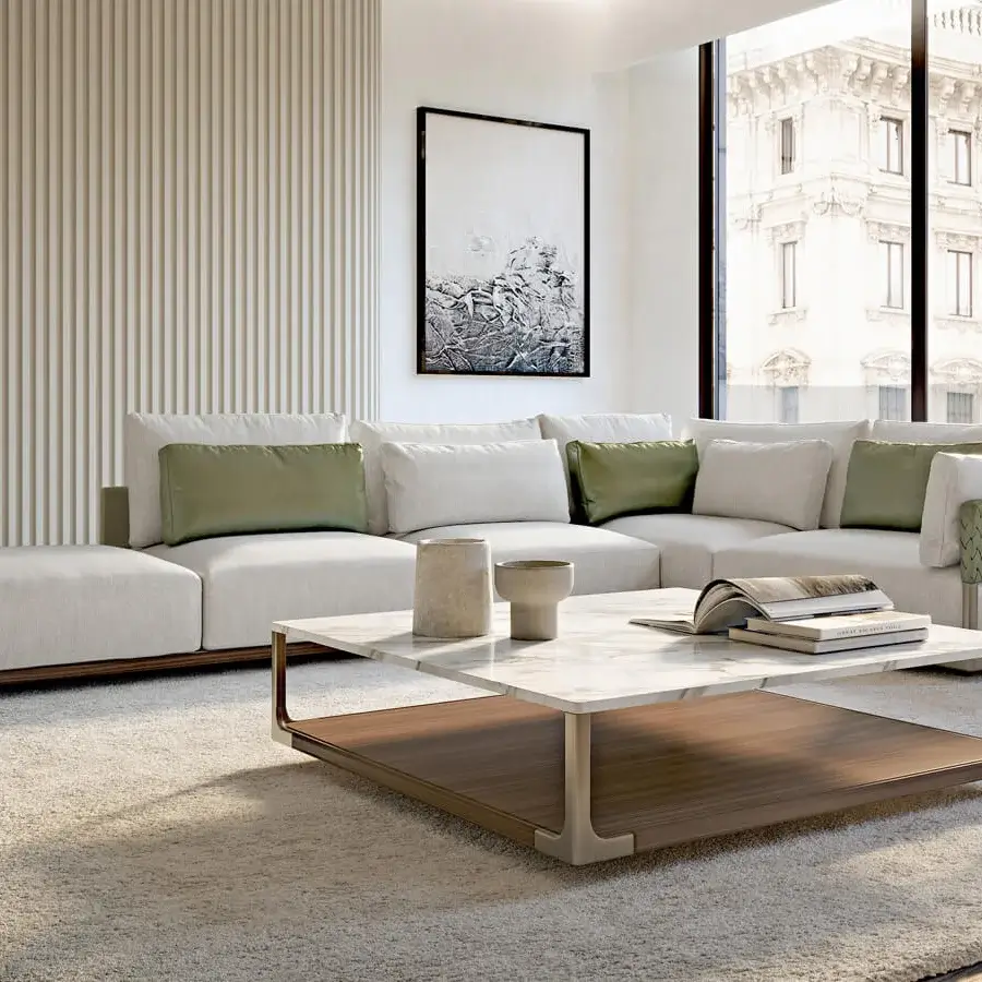 Remarkable Turri Drum coffee table with a light marble-like top and lower wooden surface, built with elegant metal profiles
