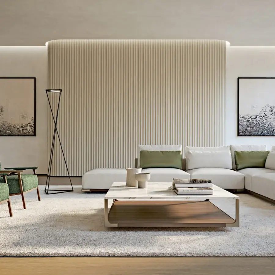Exclusive Turri Drum coffee table with a white marble top and smooth matte wooden shelf built with light metal profiles