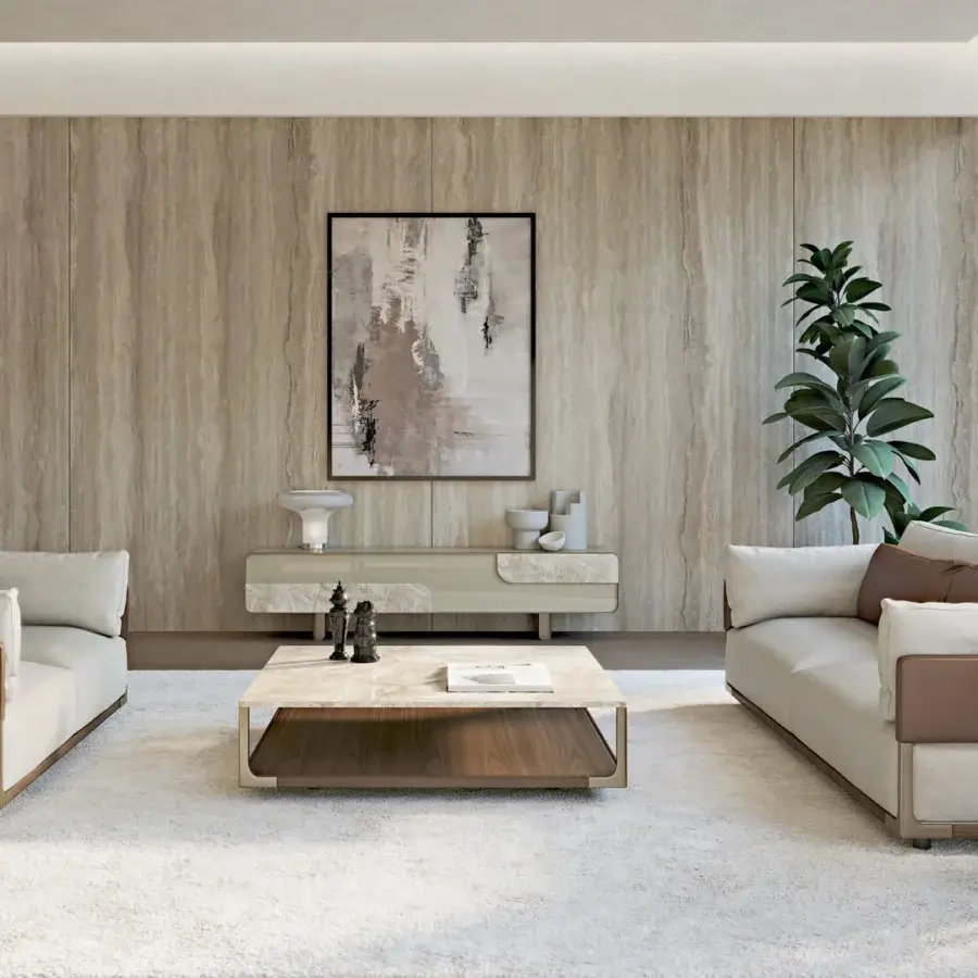 Distinguished Turri Drum coffee table with light marble and darker wood, supported by refined metal profiles