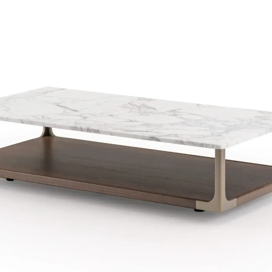 Elegant Turri Drum coffee table with white marble-like top and lower wooden shelf built with metal profiles