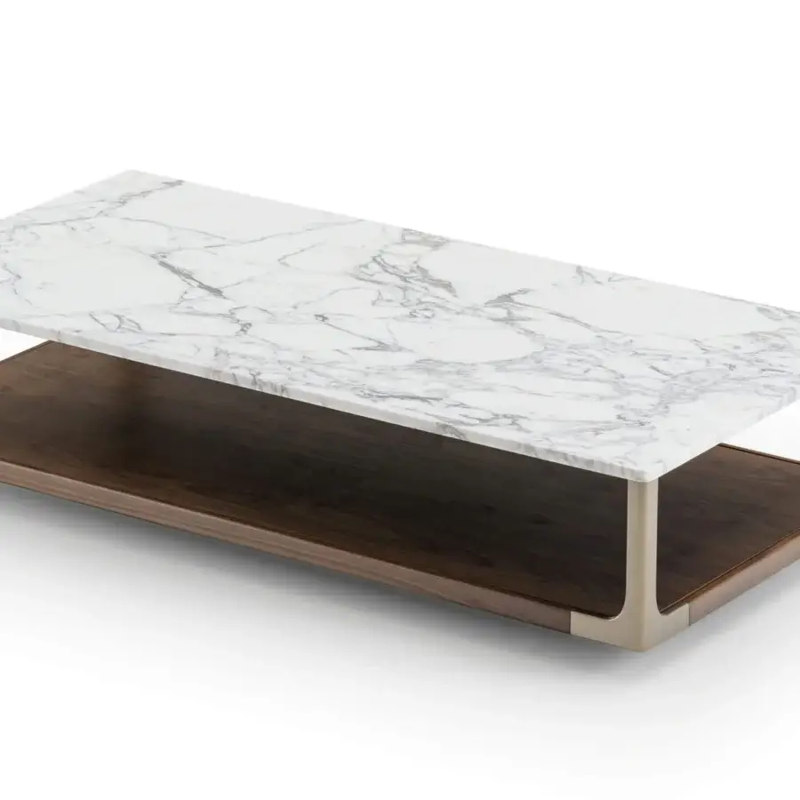 Exceptional Turri Drum coffee table with white marble top and dark-toned wooden base, crafted with refined brushed metal profiles