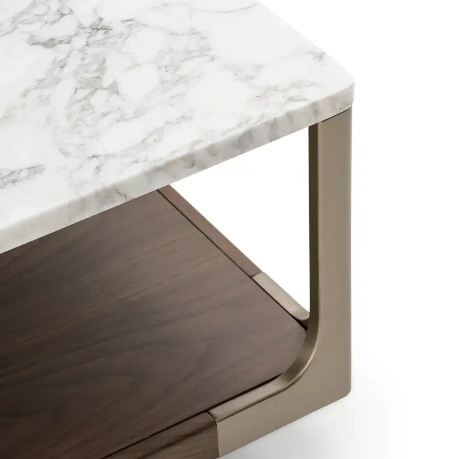 Distinguished Turri Drum coffee table with white and gray veined marble top and dark brown wooden shelf in light bronze metal