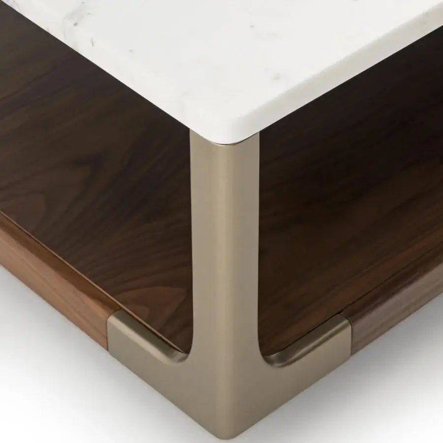 Exclusive Turri Drum coffee table with white marble top and dark brown wood lower shelf crafted with bronze metal profiles
