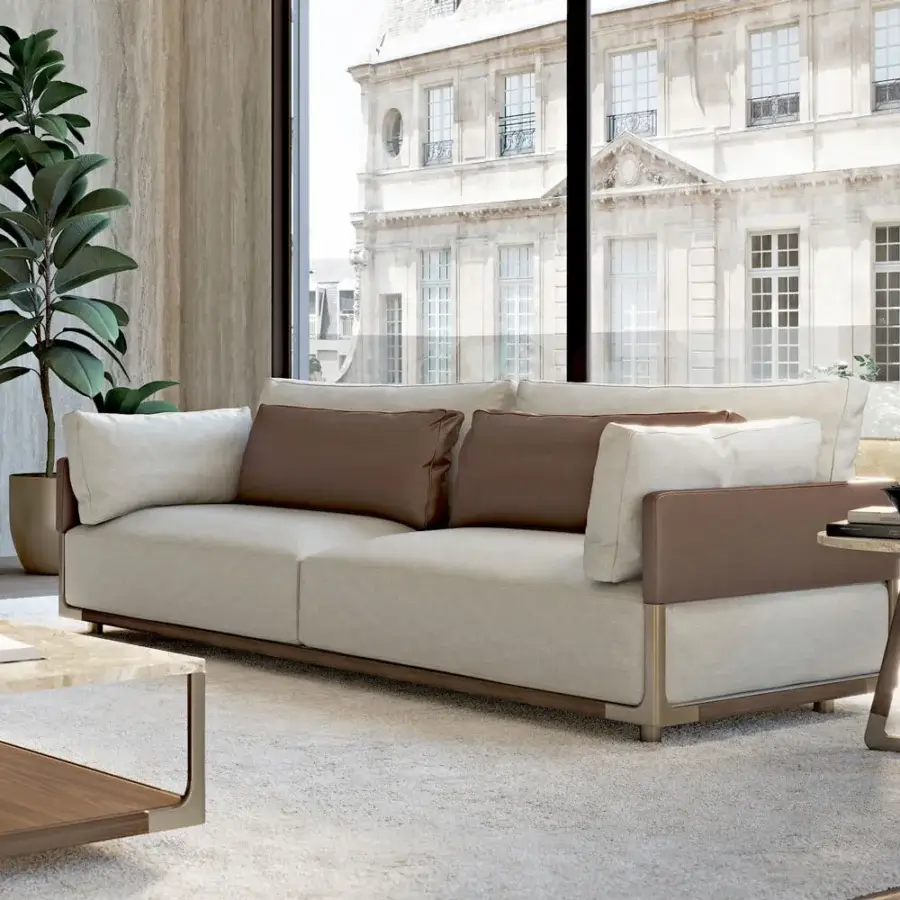 Distinguished Turri Drum side table with light stone tabletop and metal with wood base in matte finish