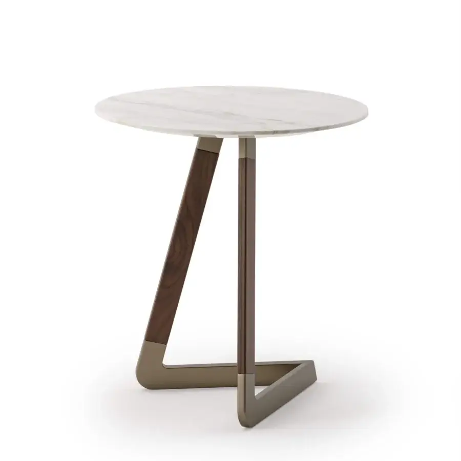 Innovative Turri Drum side table with white marble top and dark wood with matte bronze metal base