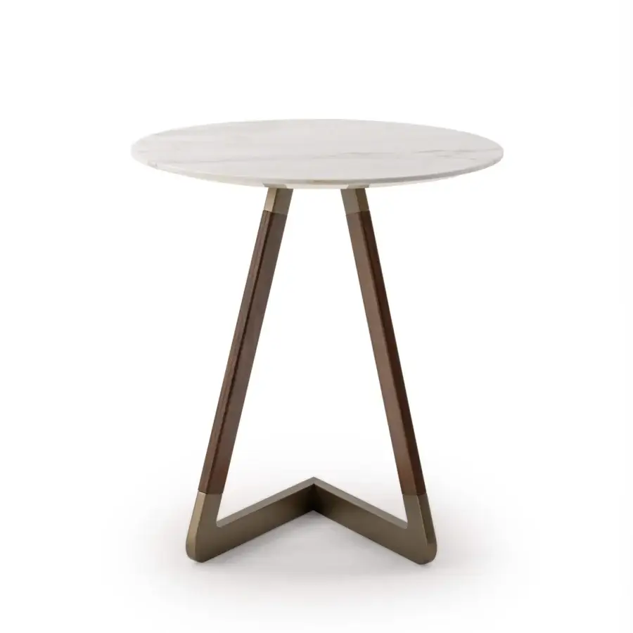 Superior Turri Drum side table with round marble top and dark walnut wood legs with bronze-toned metal support