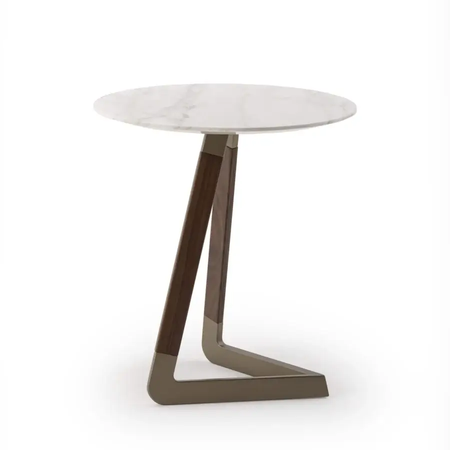 Distinguished Turri Drum side table with marble top and dark brown wood with matte bronze metal base