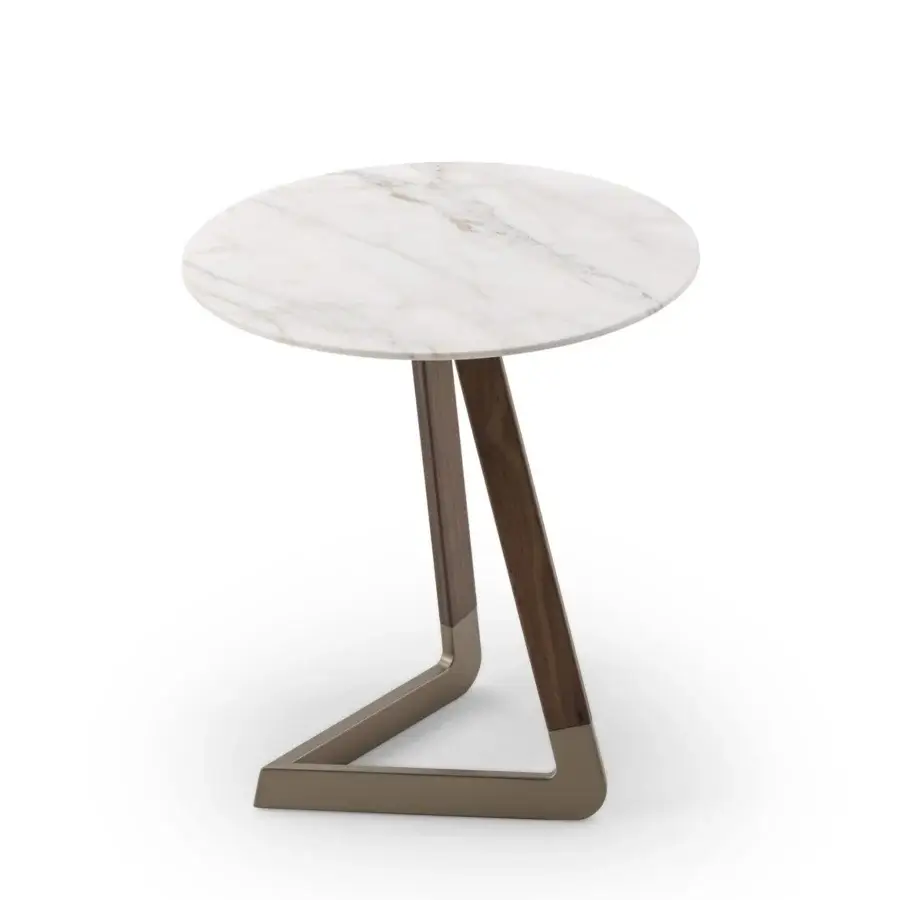 Exceptional Turri Drum side table with light brown veined marble top and dark brown wood with muted bronze base