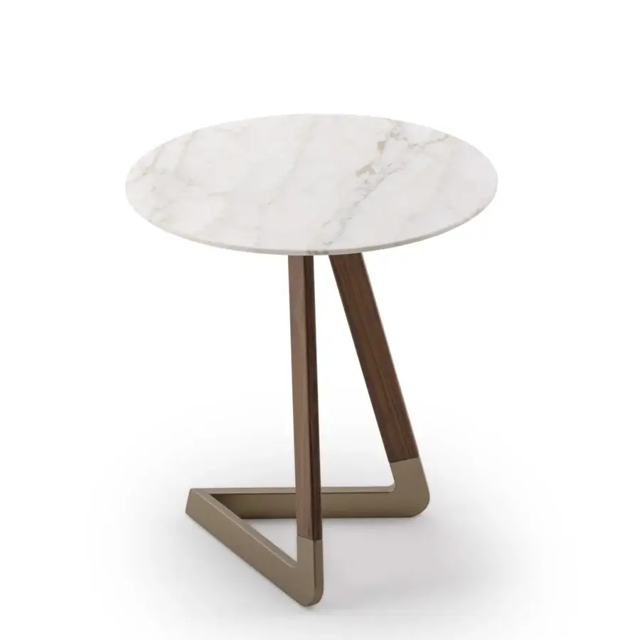 Harmonious Turri Drum side table with beige and grey veined marble top and walnut wood base with matte bronze metal support