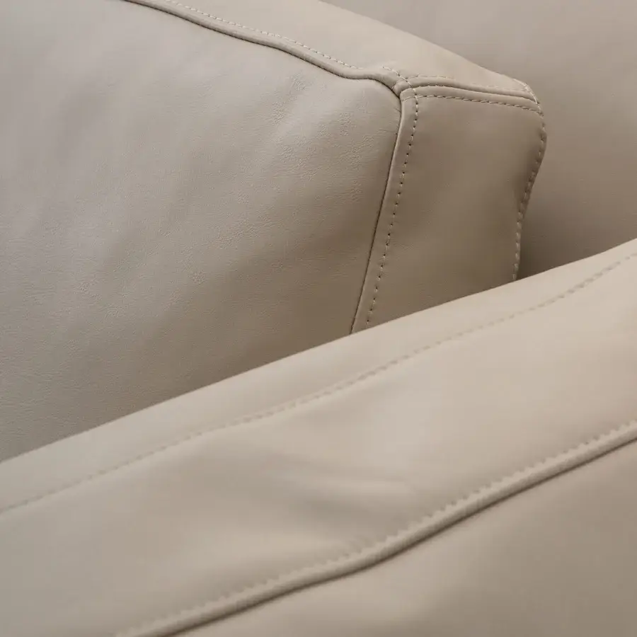 Exceptional Turri Drum sofa with walnut wood structure, metal details, and light beige leather-like textile with smooth matte finish