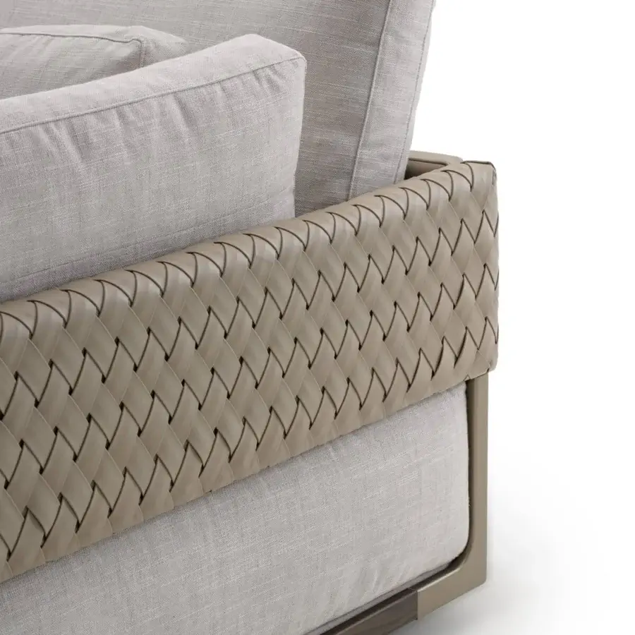 Exceptional Turri Drum sofa with walnut wood structure, metal details, light brown woven sides, and gray textile cushions