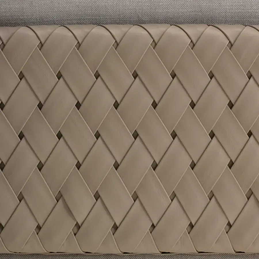 Sophisticated Turri Drum sofa with light beige woven textile upholstery and handwoven Italian leather side panels with a matte finish