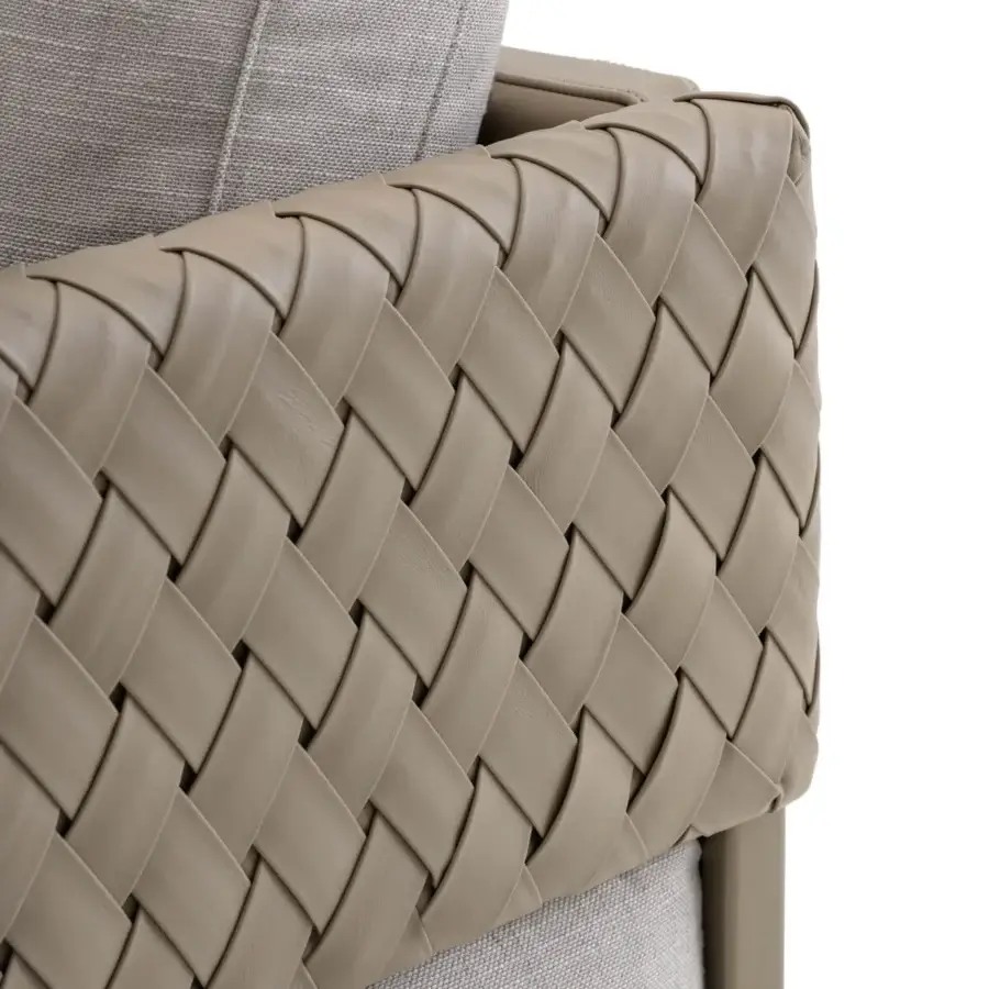 Sophisticated Turri Drum sofa with comfortable seat, woven Italian leather side panels in light beige and walnut wood structure with metal details