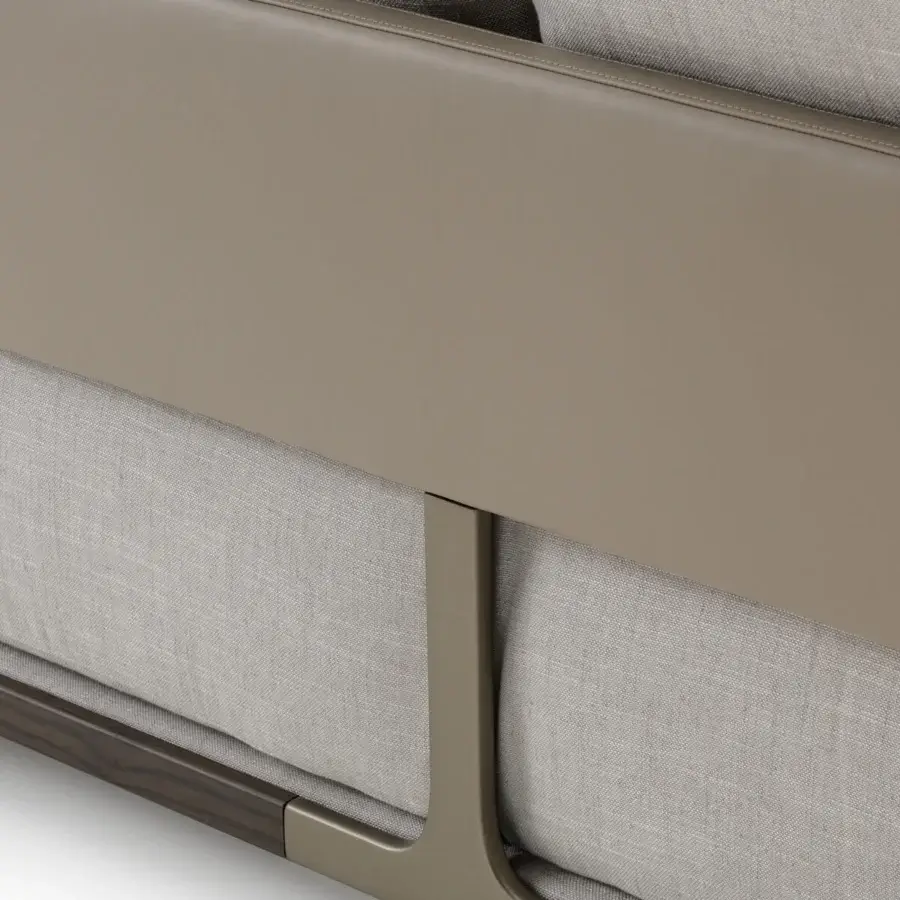 Superior Turri Drum sofa with comfortable light gray textile cushions, taupe back panel and matte taupe metal frame with dark wood trim