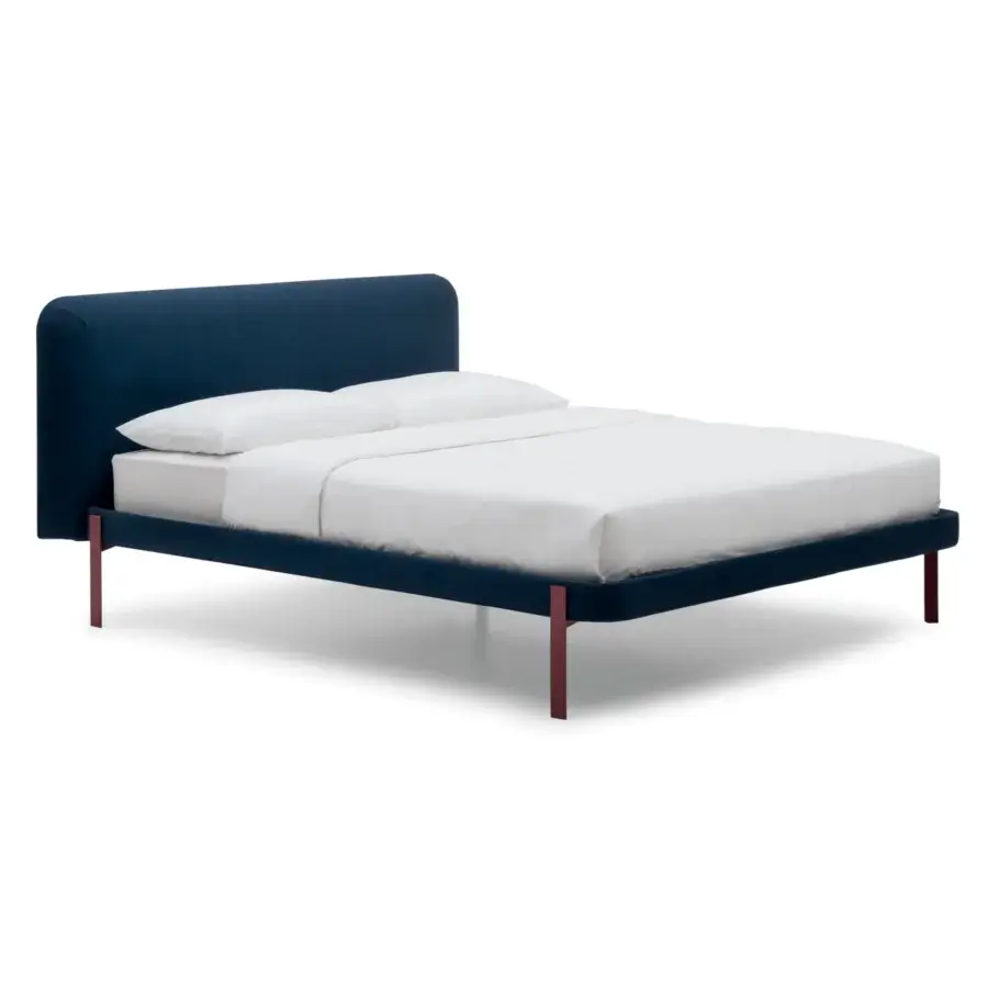 Exceptional Bolzan Letti Joy bed with dark textile upholstery, geometric metal legs and a matte finish