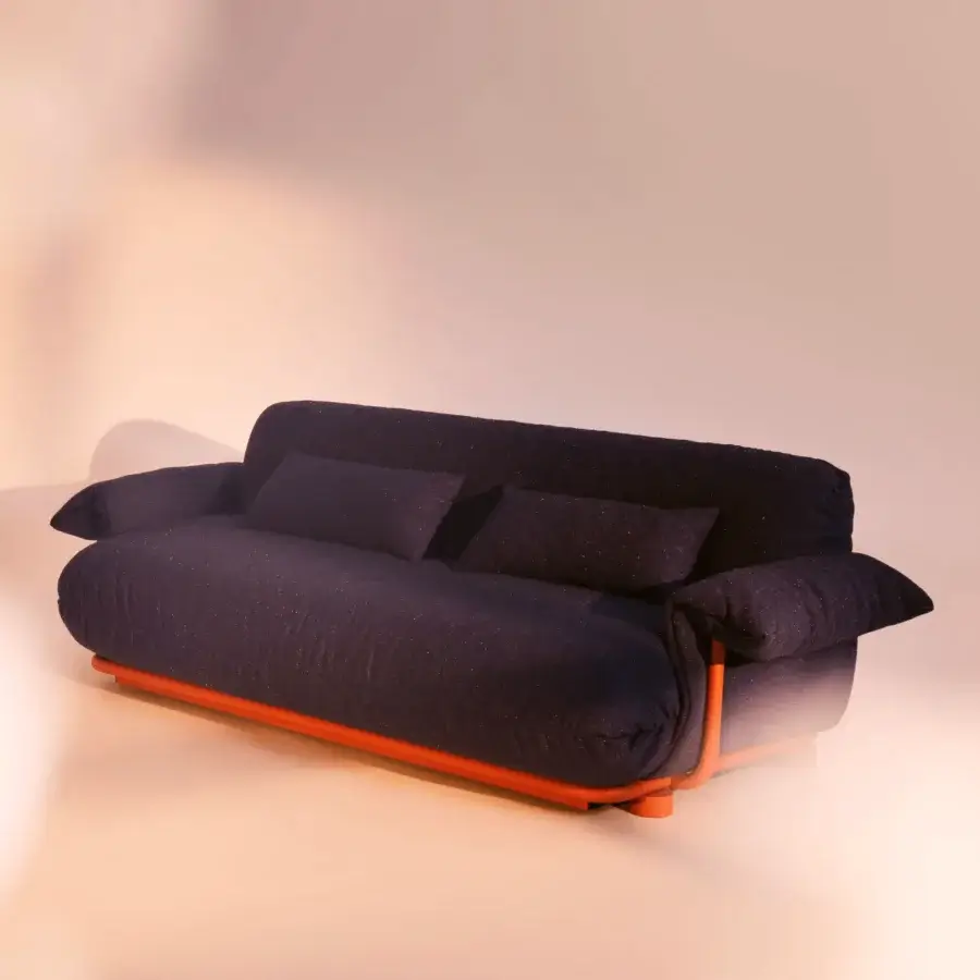 Exceptional Bolzan Letti Mate sofabed with dark speckled textile and orange metal base easily transforming into a comfortable bed with slatted frame
