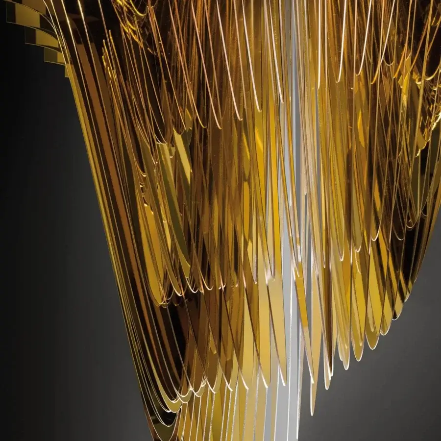 Lavish Slamp Aria suspension lamp boasting fifty Cristalflex® layers covered in shining gold powder with a reflective finish