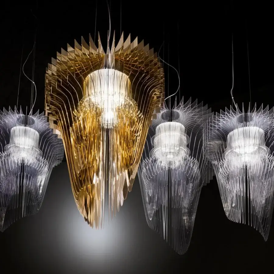 Exclusive Slamp Aria Gold suspension lamp built with fifty Cristalflex® layers and shining gold powder finish