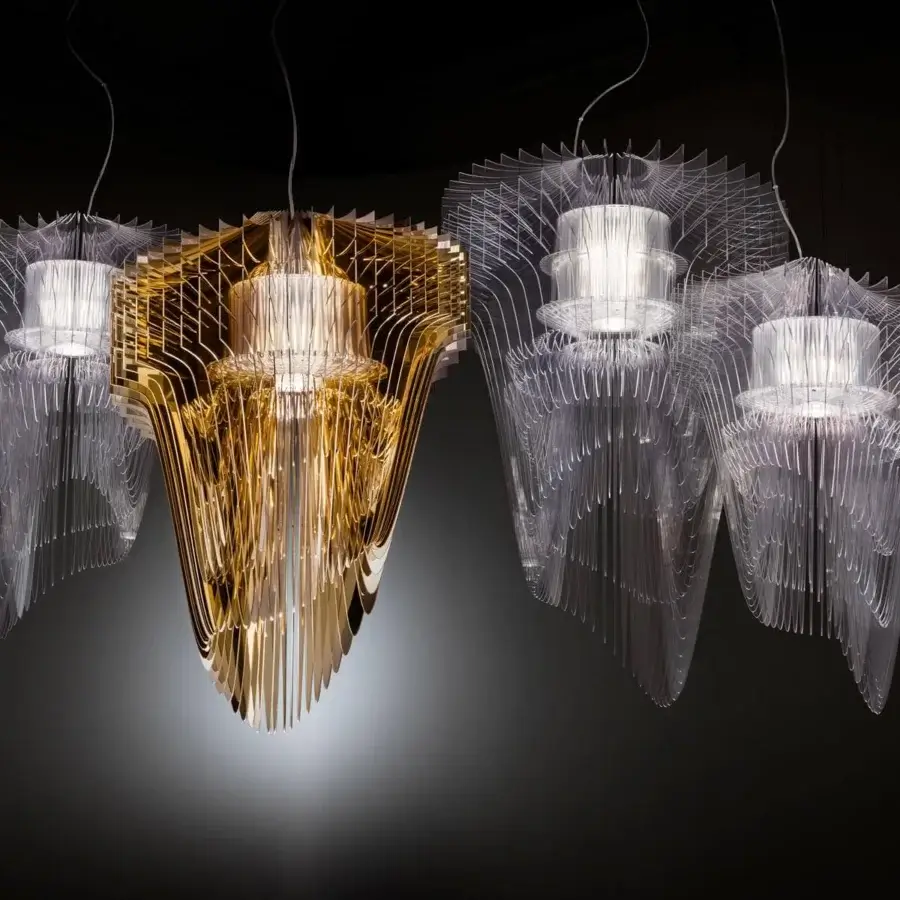 Superior Slamp Aria suspension lamp crafted in Italy with Cristalflex® and shining gold powder finish