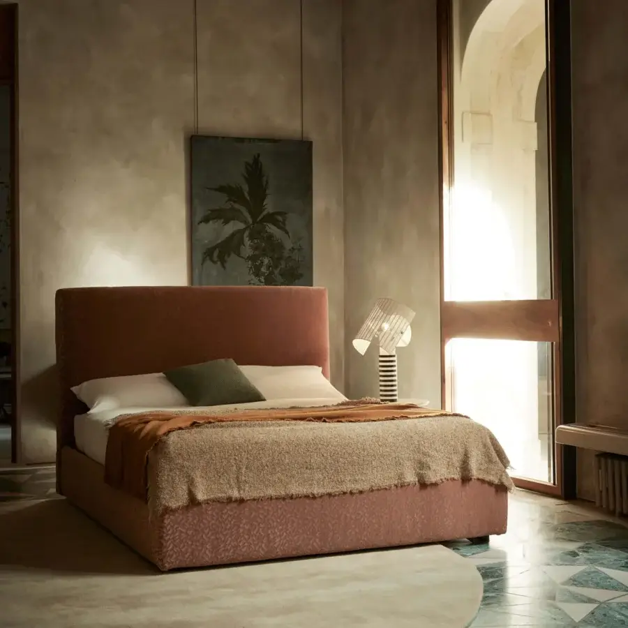 Distinguished Bolzan Letti Noah bed with reddish-brown textile and geometric pattern, built with firwood and a matte finish