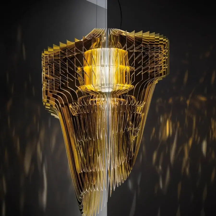 Exclusive Slamp Aria suspension lamp crafted in Cristalflex® with shining gold powder and amber undertones