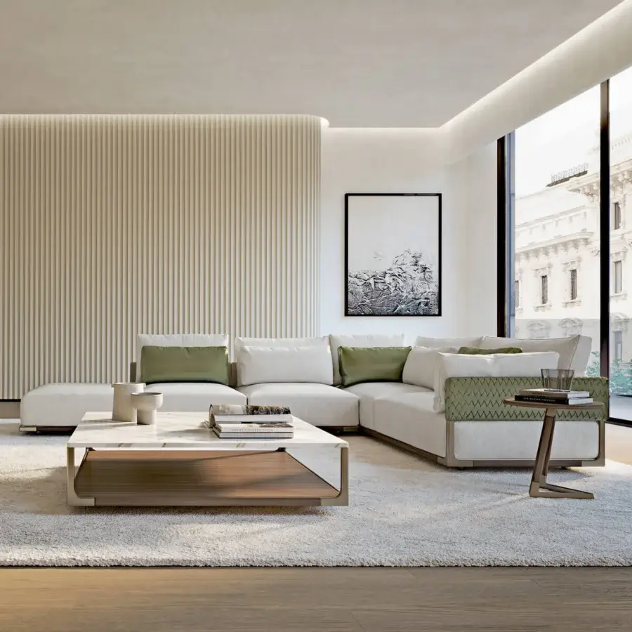 Exceptional Turri Drum sectional with comfortable fabric cushions and walnut wood side panels crafted with metal details