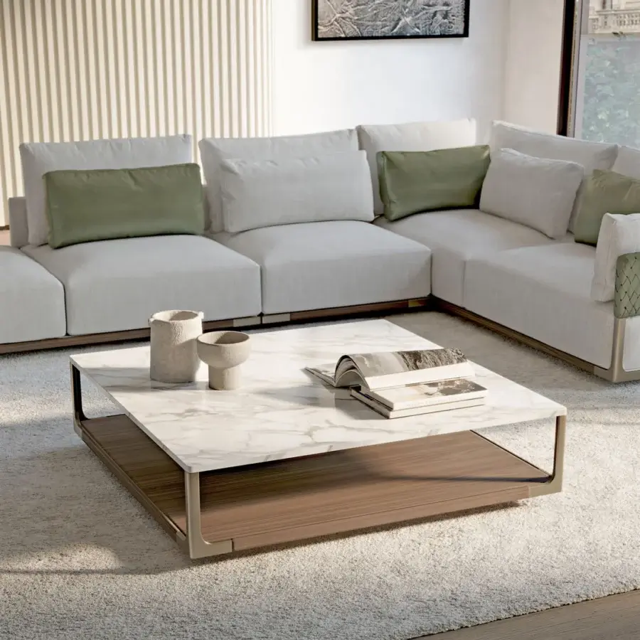 Superior Turri Drum sectional with comfortable light gray woven textile upholstery and walnut wood with metal details