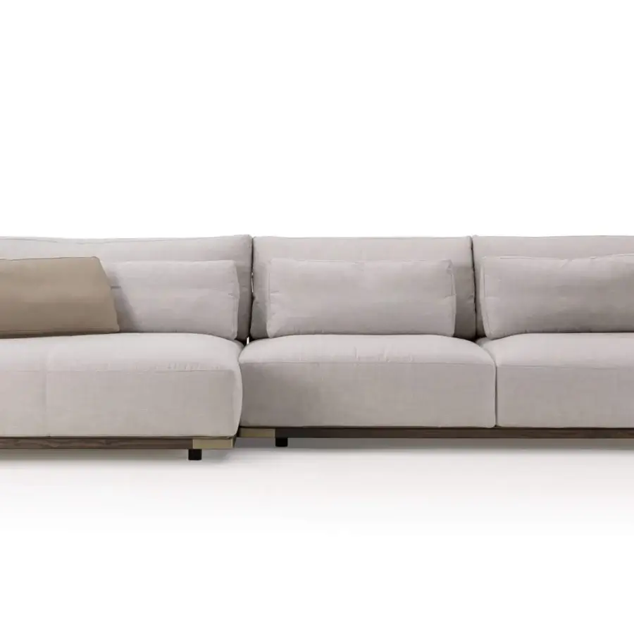 Exceptional Turri Drum sectional upholstered in light neutral textile with handwoven Italian leather side panels and striking walnut wood framing