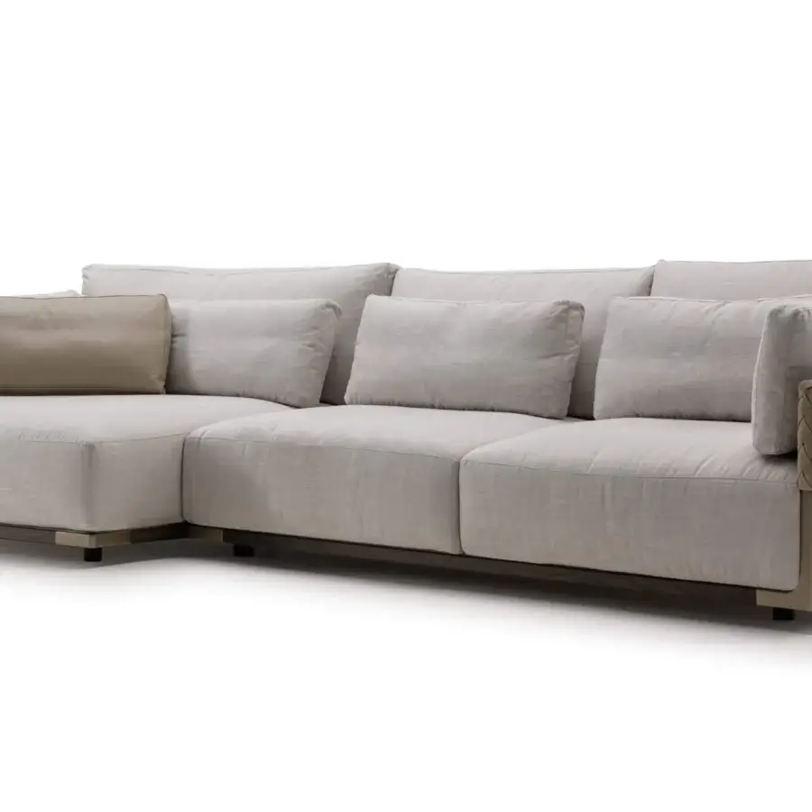 Superior Turri Drum sectional with comfortable light grey textile upholstery and striking walnut wood structure