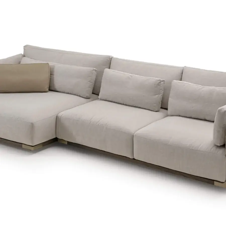 Lavish Turri Drum sectional with light beige textile upholstery, walnut wood structure and woven tan Italian leather side panels