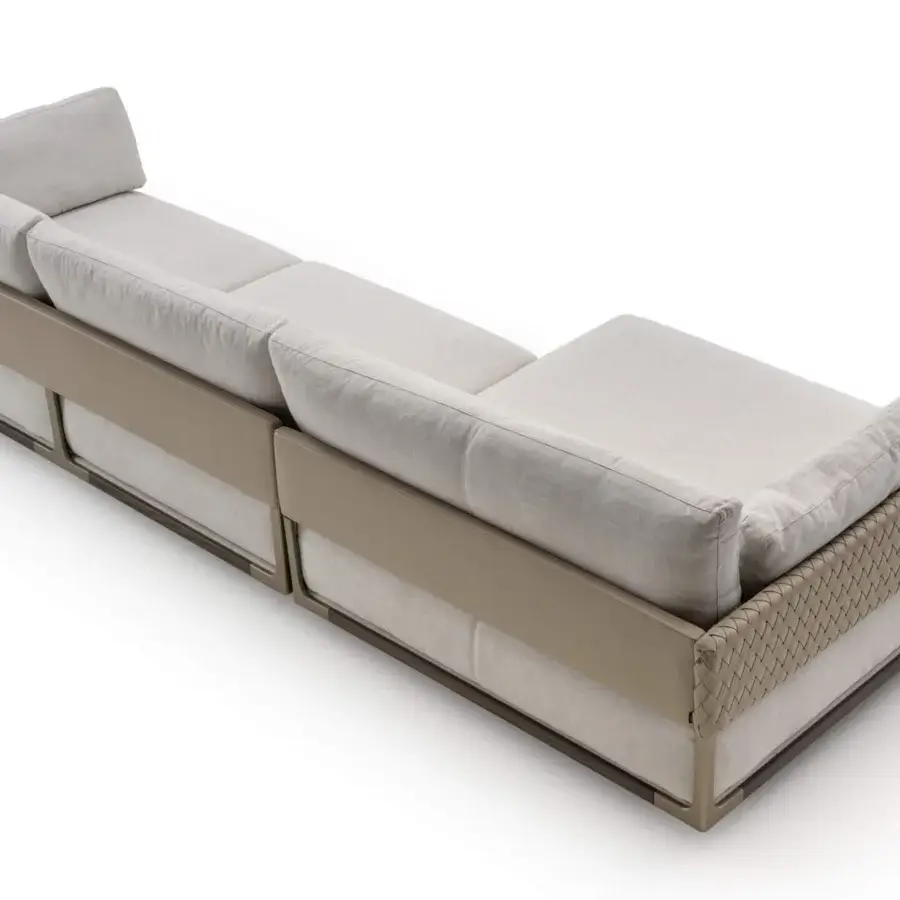 Distinguished Turri Drum sectional with walnut wood structure, handwoven Italian leather side panels and light beige cushions