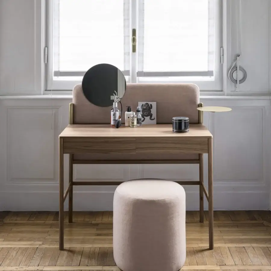 Exceptional Bolzan Letti Flag vanity with canaletto walnut wood and padded panel, showcasing a smooth matte finish with brass accents