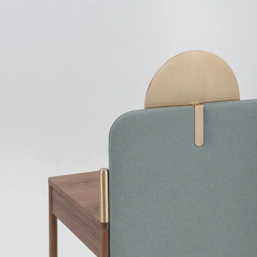Lavish Bolzan Letti Flag vanity with canaletto walnut wood and light blue-gray padded panel in satin gold metal