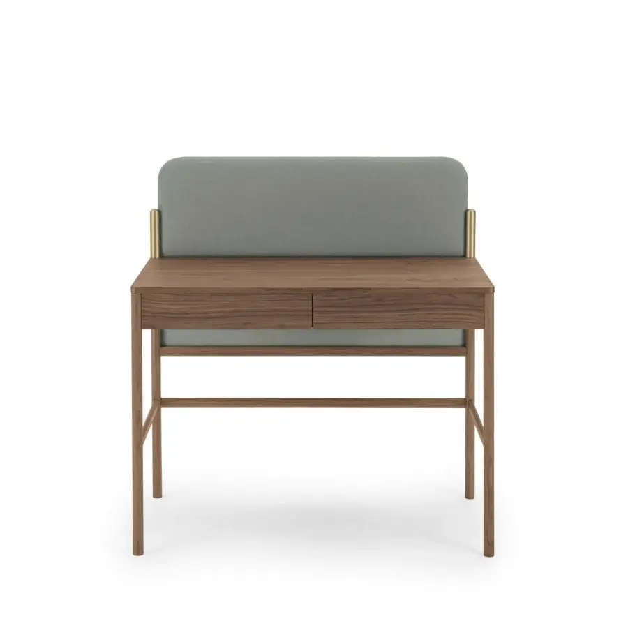 Distinguished Bolzan Letti Flag vanity with canaletto walnut wood and gray padded panel built with gold finished metal supports
