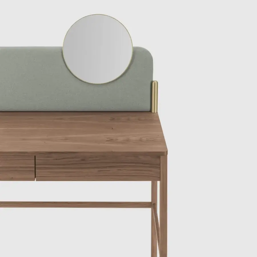 Exceptional Bolzan Letti Flag vanity with canaletto walnut wood and light green padded panel crafted with a gold-framed round mirror