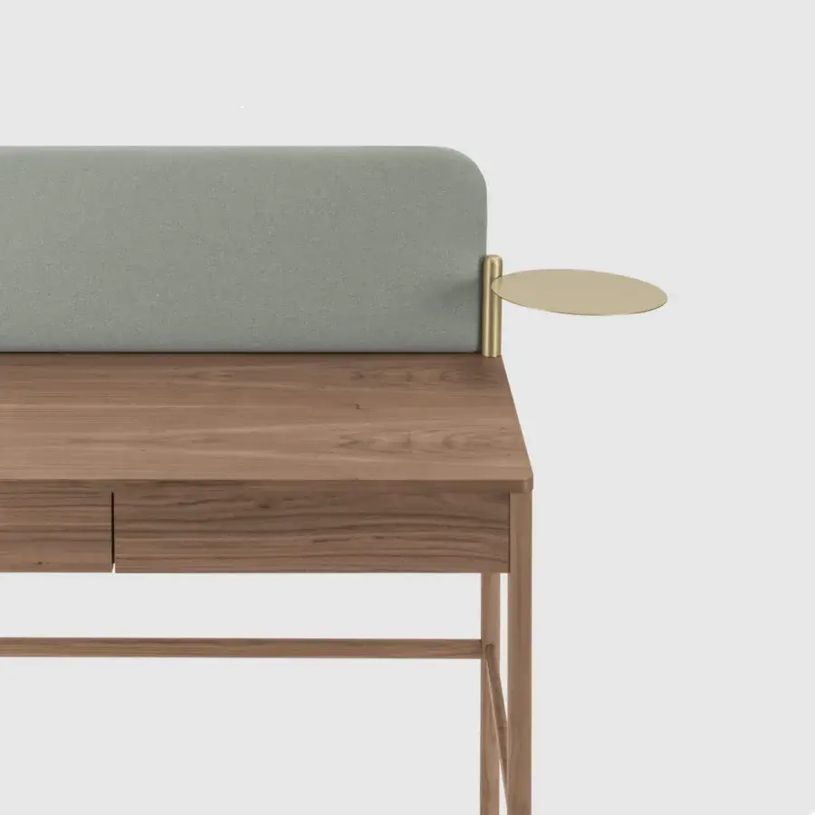 Superior Bolzan Letti Flag vanity crafted with canaletto walnut wood and a light green padded panel with a gold-toned rotating tray