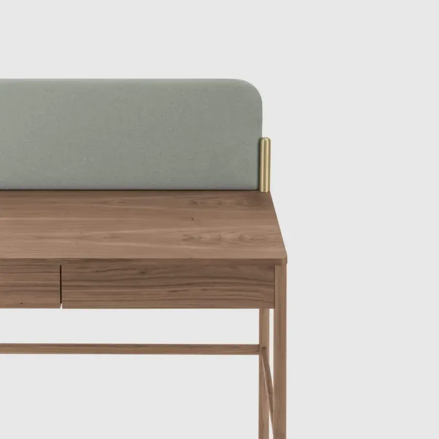 Lavish Bolzan Letti Flag vanity crafted with canaletto walnut wood and a light green padded panel with brass supports