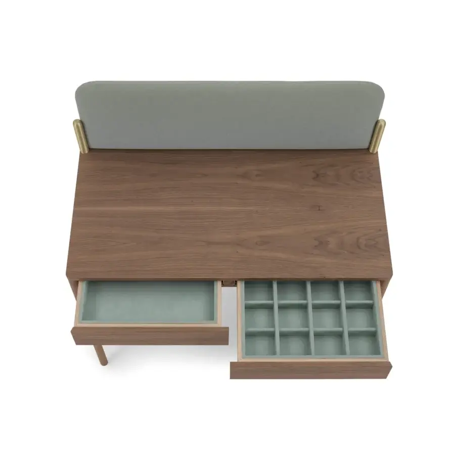 Distinguished Bolzan Letti Flag vanity built with canaletto walnut wood and a light gray padded panel, revealing light green interiors