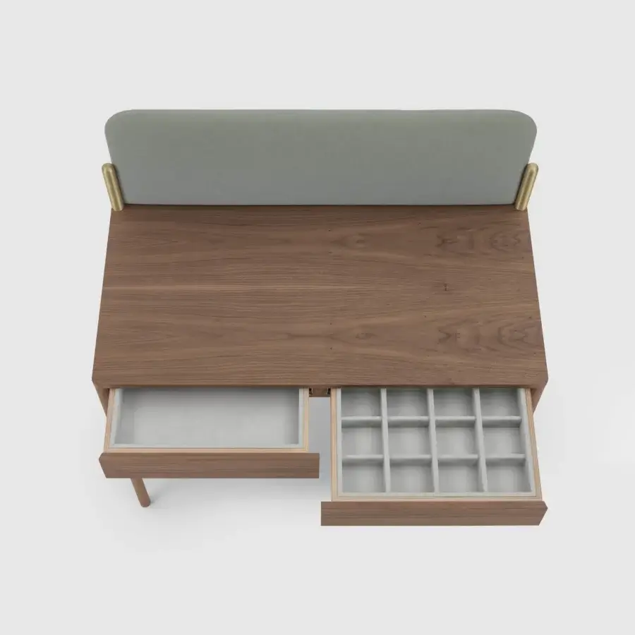 Exclusive Bolzan Letti Flag vanity crafted with canaletto walnut wood and a light grey padded panel with gold supports