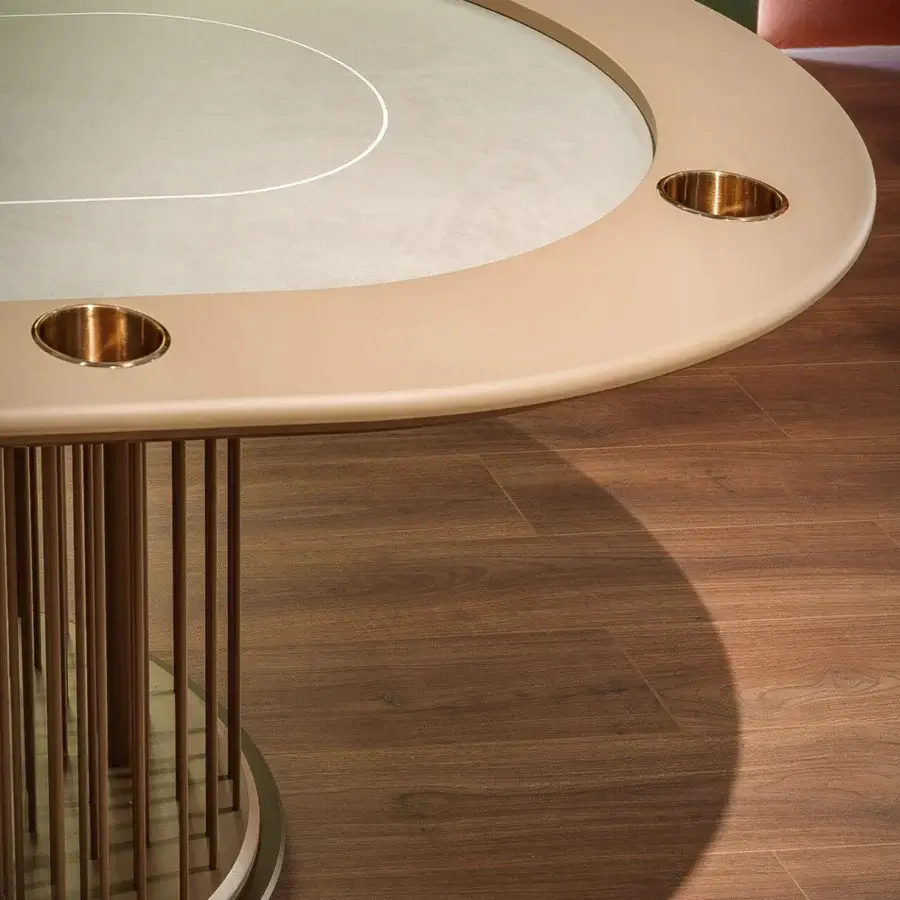 Elegant Vismara Shanghai poker table with light grey cloth and golden toned metal lacquered sticks built with a beige wood frame