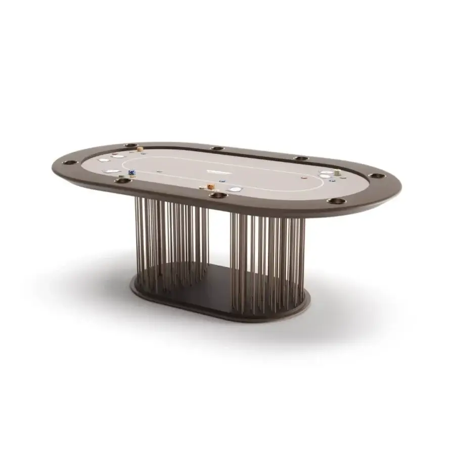 Refined Vismara Shanghai poker table with a light beige padded surface and medium brown matte lacquered metal base