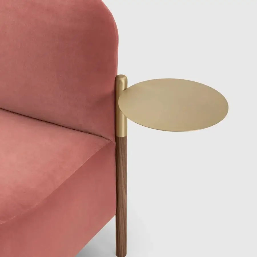 Exclusive Bolzan Letti Flag lounge chair with plush salmon textile and integrated light gold side table crafted in Italy with matte finish