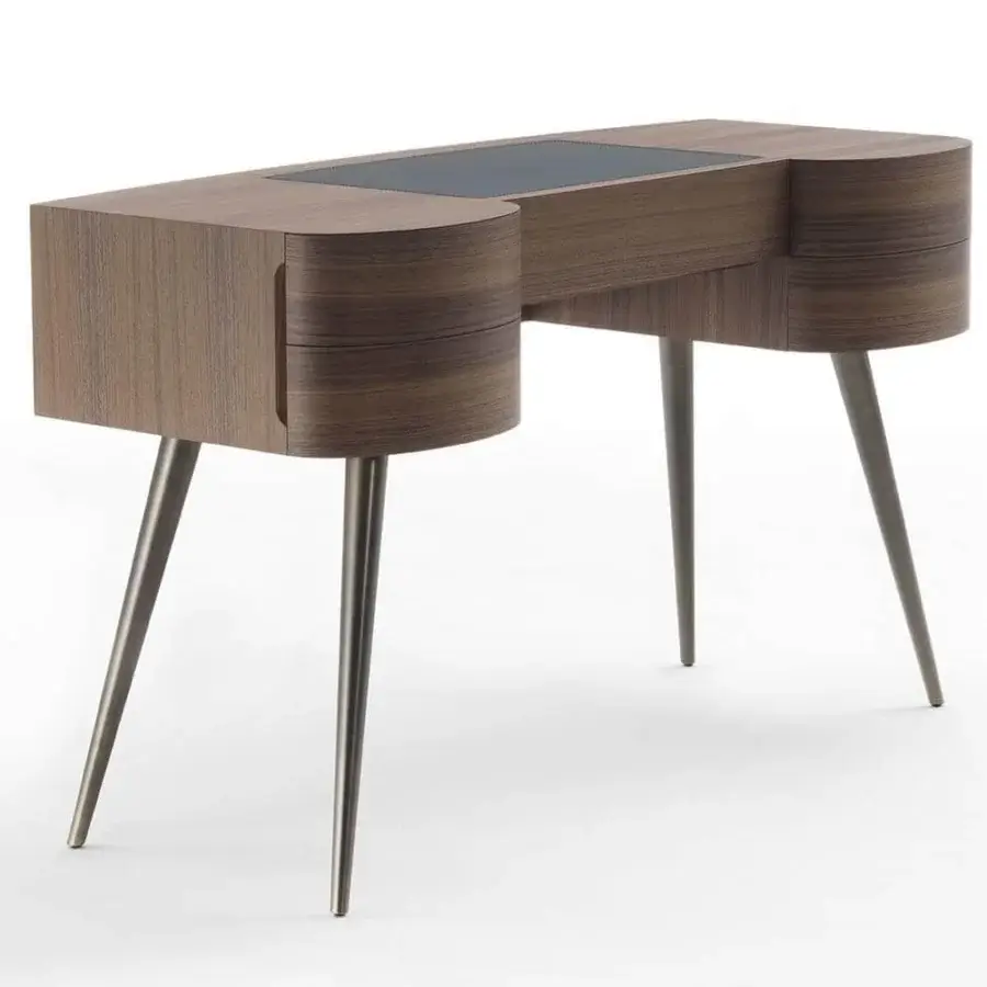 Exceptional Porada Micol desk crafted in Italy with canaletta walnut, Cuoietto leather, and brushed bronzed brass legs