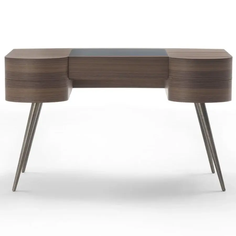 Distinguished Porada Micol desk crafted in canaletta walnut with cuoietto leather and brushed bronzed brass legs, exhibiting a smooth matte finish
