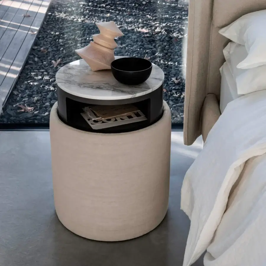 Exceptional Bolzan Letti Ares nightstand with cylindrical textile base and light grey marble surface exhibiting darker veining