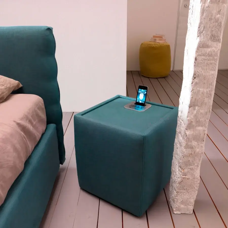 Superior Bolzan Letti Ares nightstand in teal textile with matte finish and metal inset dock station