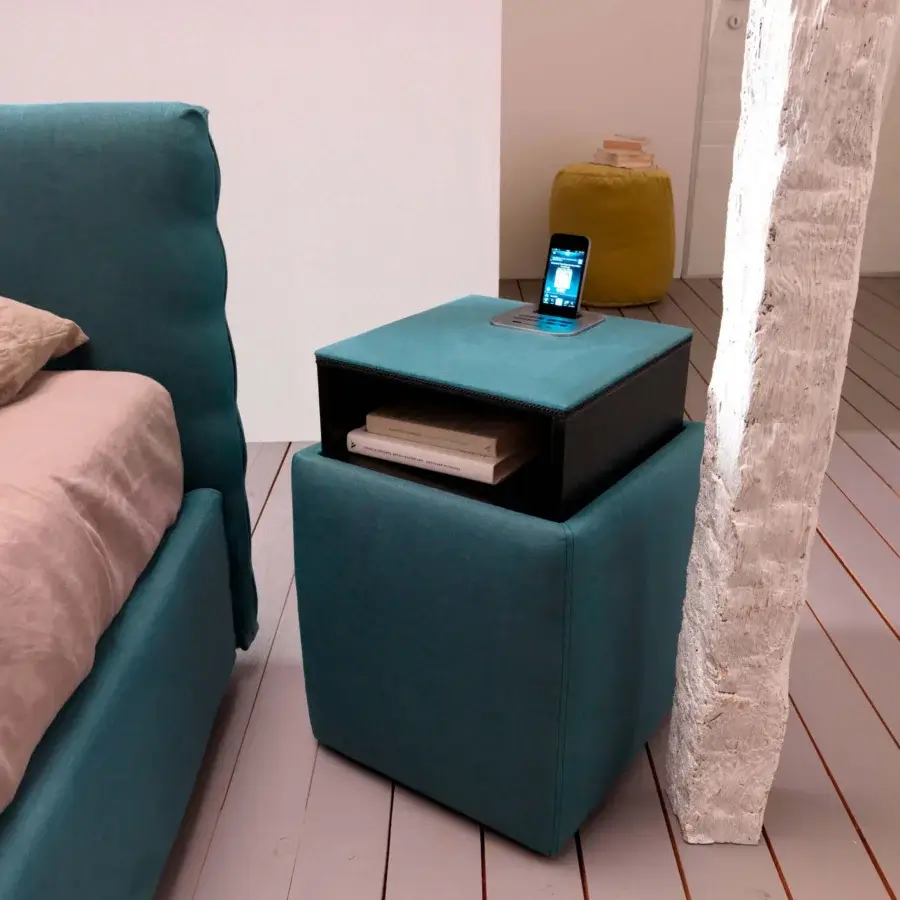 Elegant Bolzan Letti Ares nightstand in textured teal textile with dark wood and metallic smartphone dock