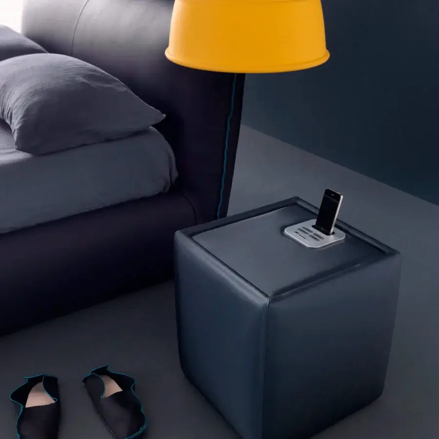 Distinguished Bolzan Letti Ares nightstand with cubic silhouette and smooth matte dark blue-gray finish built with a metallic docking station
