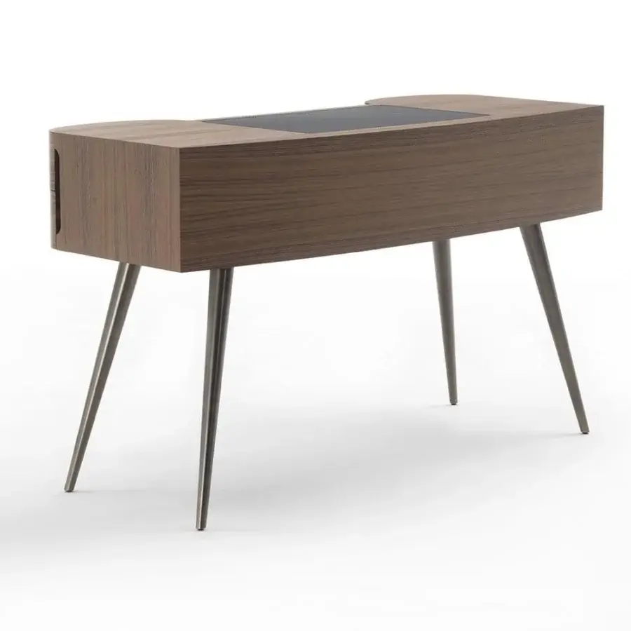 Elegant Porada Micol desk crafted in canaletta walnut with Cuoietto leather and bronzed brass conical legs with a matte finish