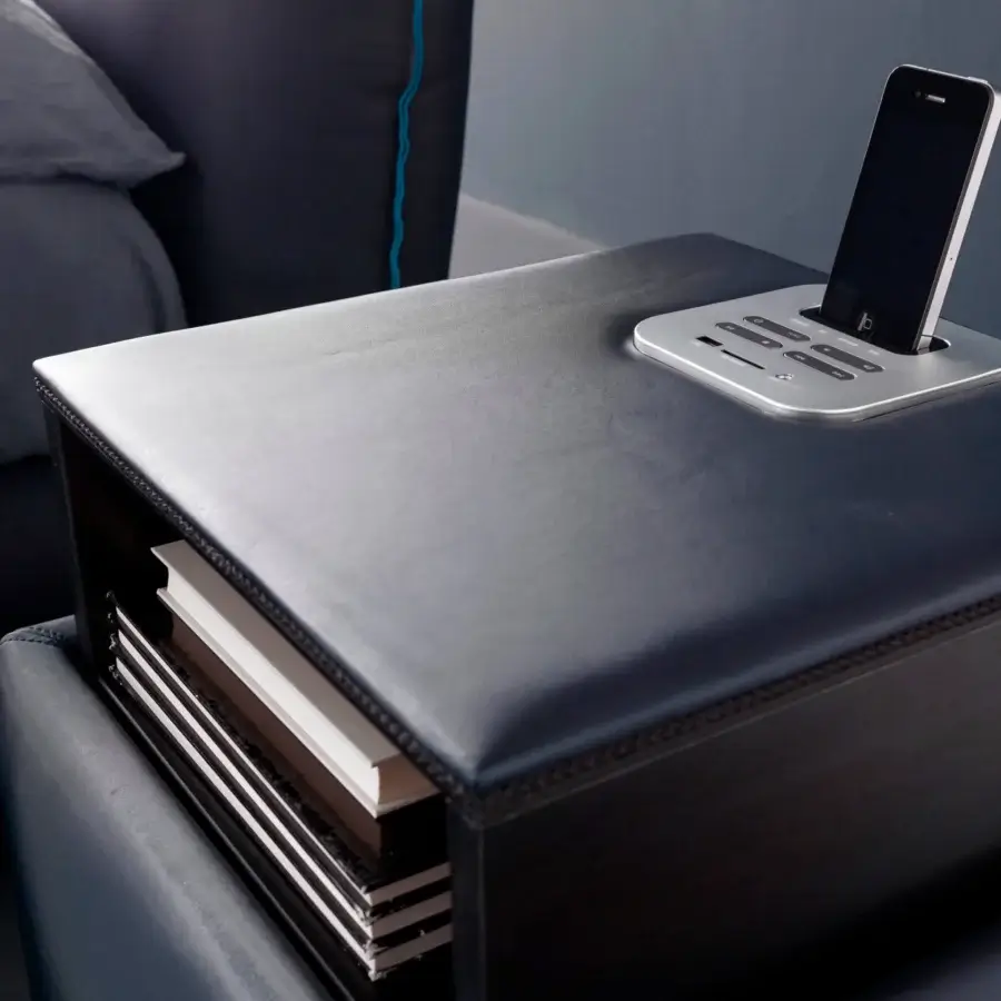 Exceptional Bolzan Letti Ares nightstand in dark blue matte material with integrated silver docking station and open shelf